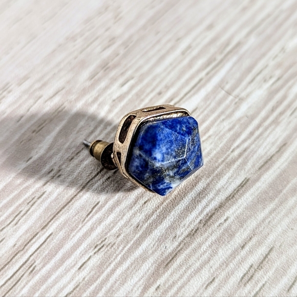 Lapis Lazuli Hexagon Stone and Brass Earrings - Picture 3 of 6